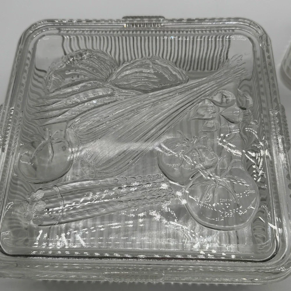 Vintage Federal Glass Refrigerator Dishes Clear Ribbed Vegetable Lid Lot 8x8 4x4